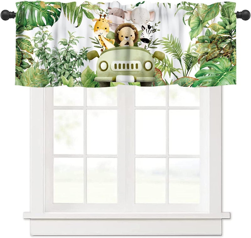 JanJCurt Jungle Safari Curtain Valance, Safari Animals Tropical Natural Green Plants Branches Leaves Floral Print Blackout Short Window Treatment for Kids Bedroom Living Room, 54x18inch - Image 1